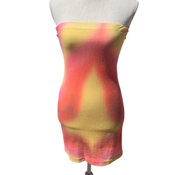 With Jean Frankie ziggy Tie Dye Mini Dress Bodycon Strapless Yellow Pink XS - Picture 2 of 11